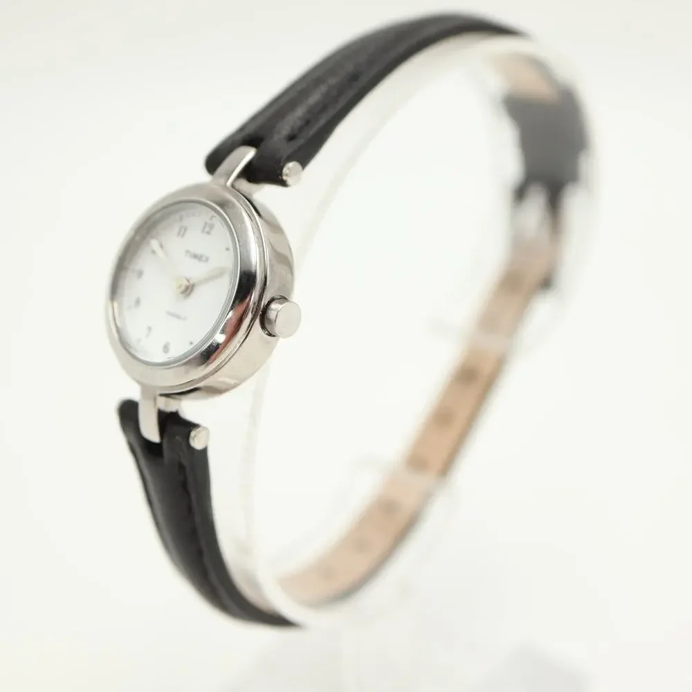 Timex Indiglo Petite 21mm Silver Tone Womens Watch Black Leather w New Battery